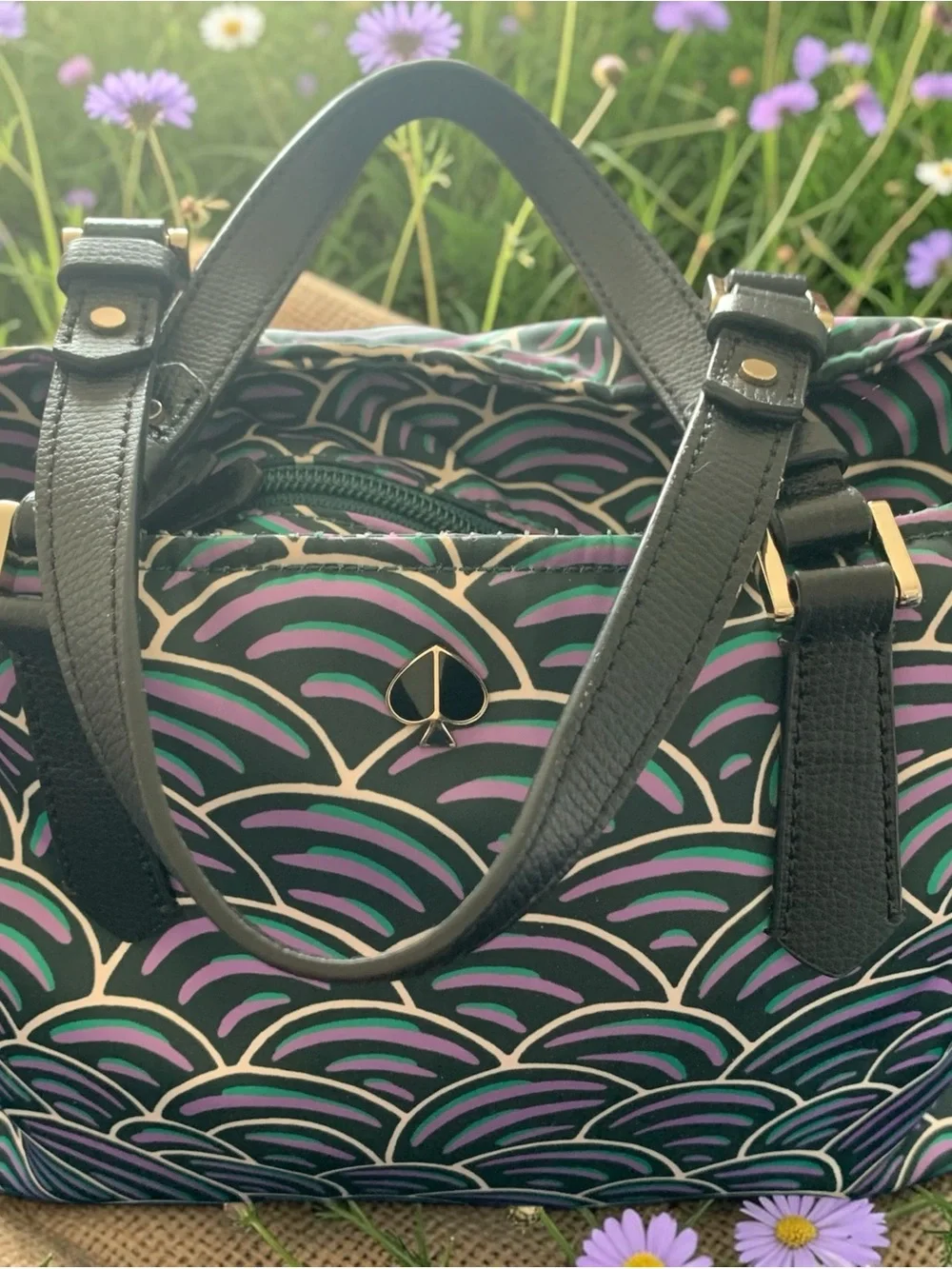 kate spade Black Satchel with Purple & Teal Wave Pattern